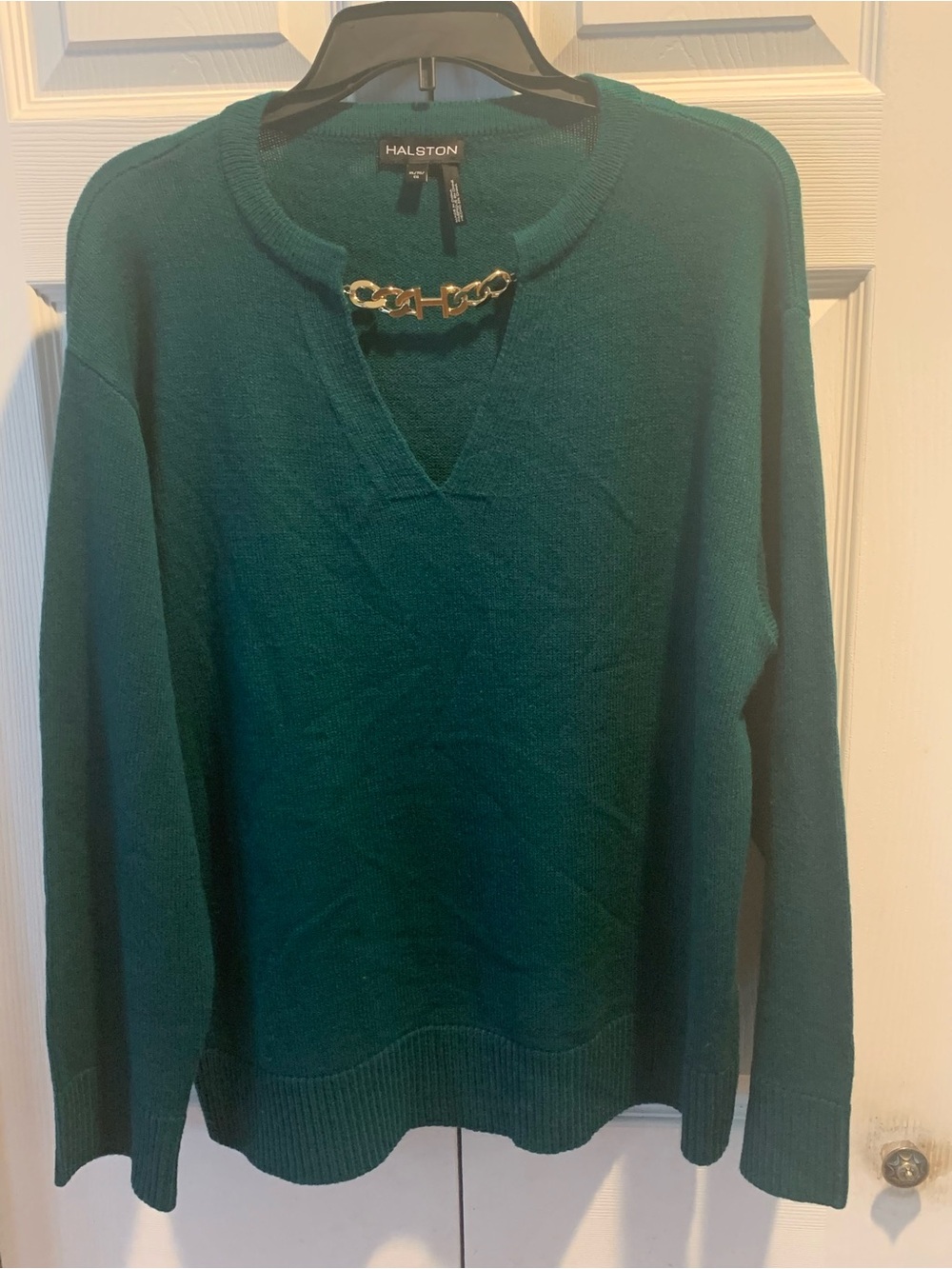 Halston Heritage Women's Teal Green V-Neck Sweater with Gold Chain Accent; XL